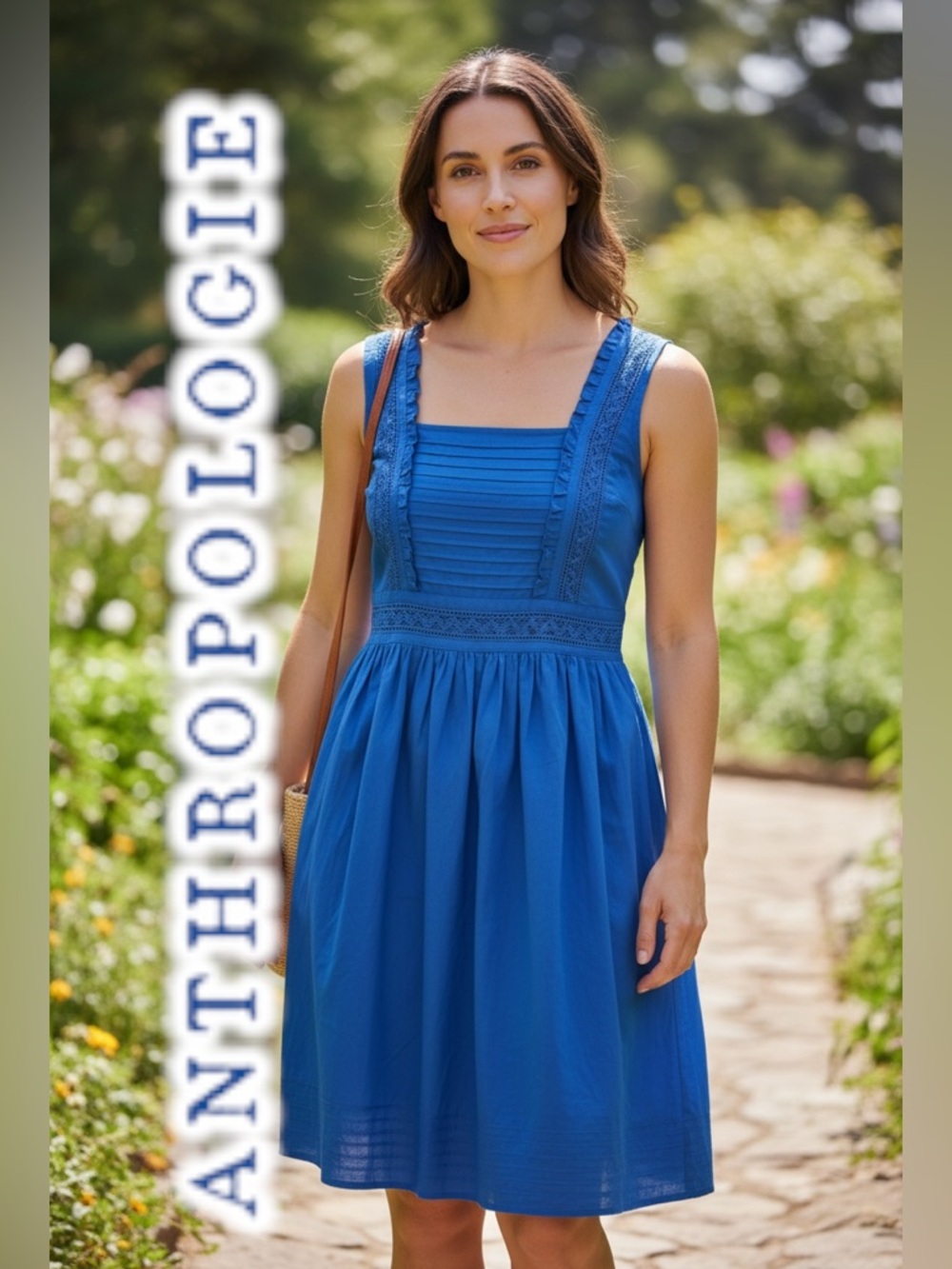 Maeve for Anthropologie 💙 blue square neck dress crochet detail pockets 12
